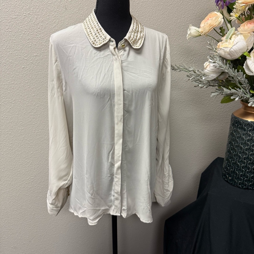 Cato Ivory Studded Collar Button Down Blouse Chic Office Career XL - Picture 1 of 9